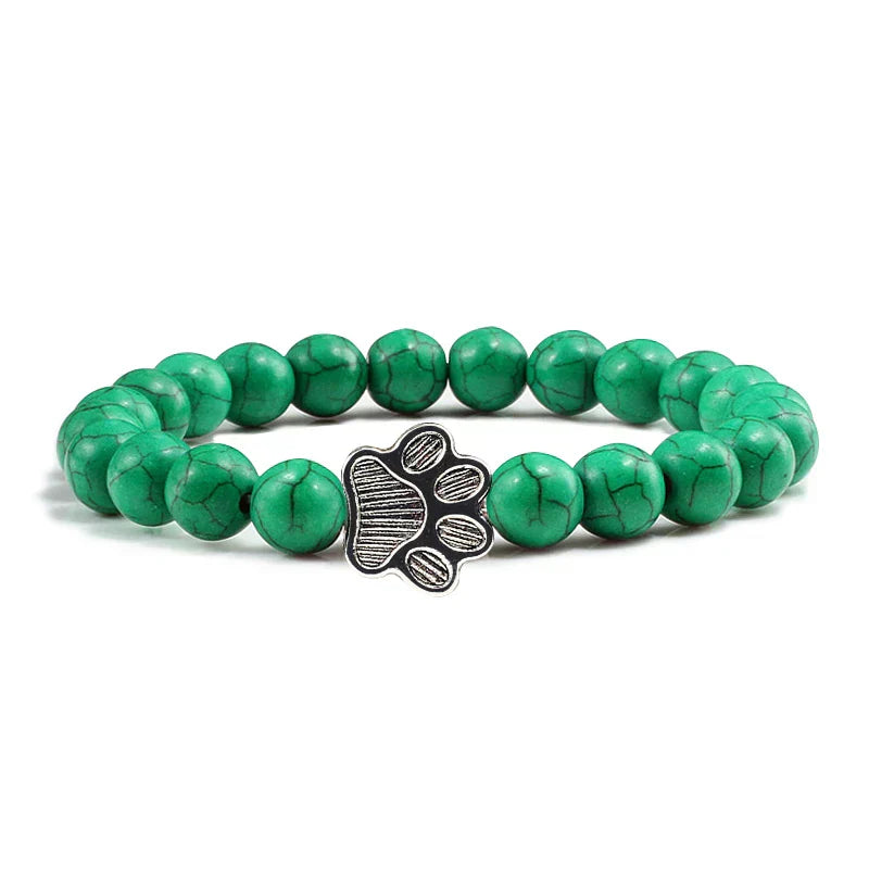 Pulsera de piedra natural con colgante de pata de animal – Pulsera elástica de cuentas para hombres y mujeres